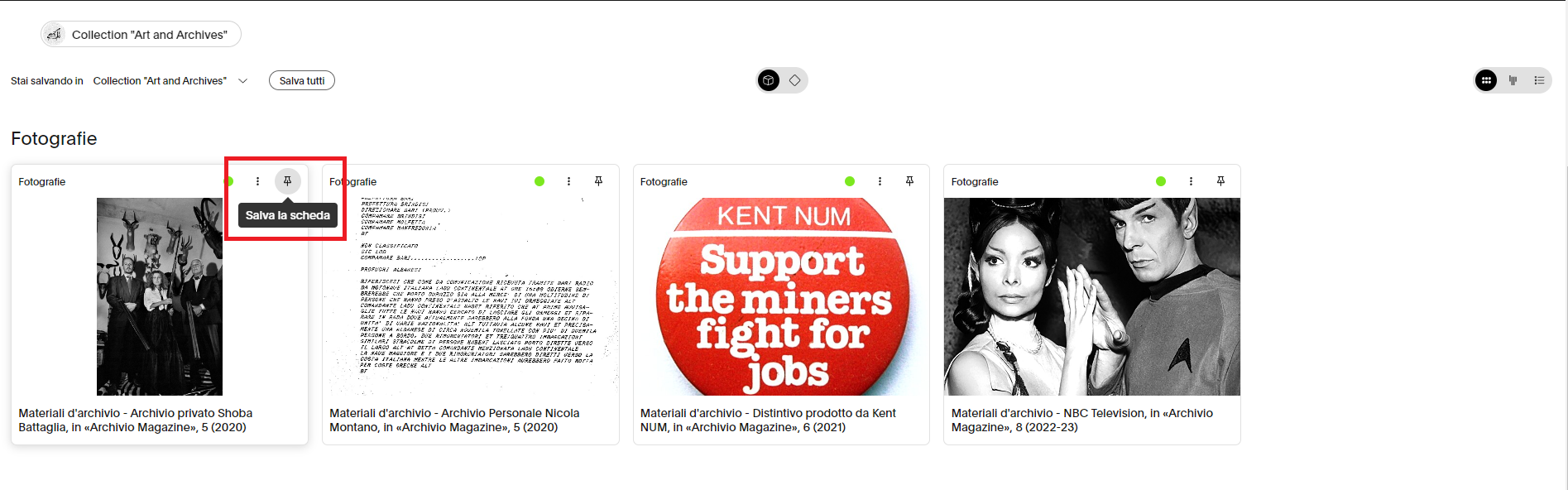 immagine salva collezione opzione clic su singolo pin